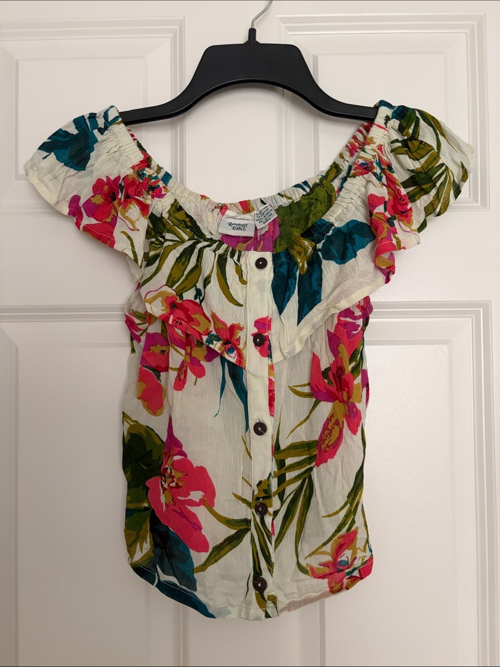 Off-Shoulder Floral Button-Front Blouse in Pink & Green